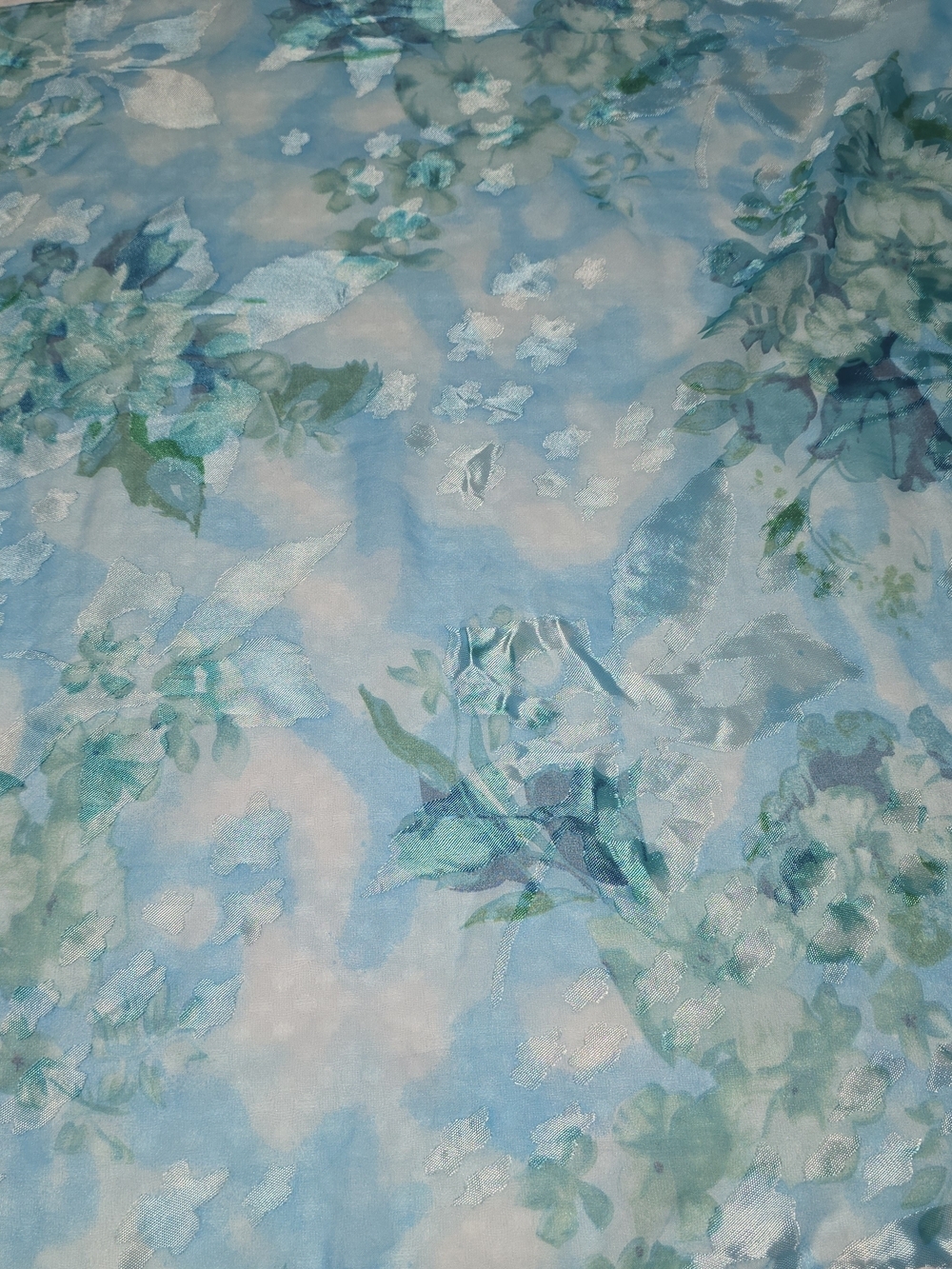 VINTAGE LIGHT BLUE SHEER FLORAL SCARF WRAP AIRY LIGHTWEIGHT 100% SILK CLASSY - Picture 3 of 8